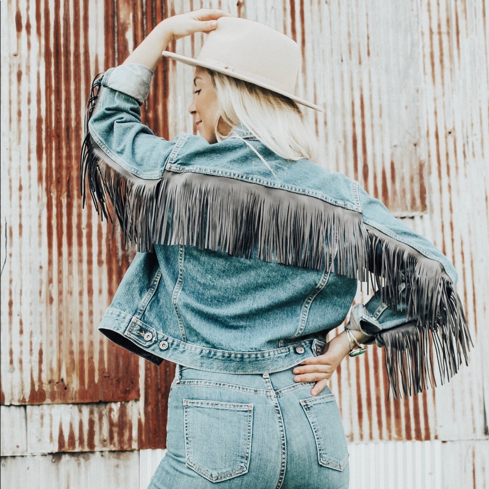 Leather fringe jean jacket